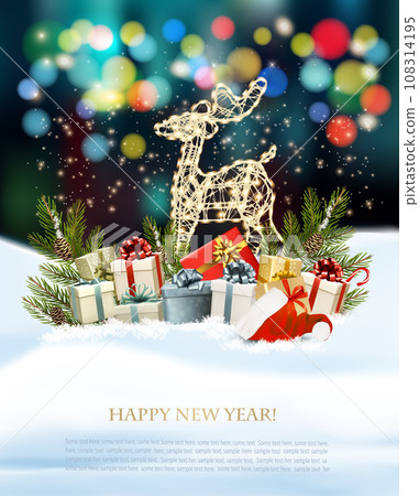 Christmas holiday background with colorful gift boxes and Santa Hat. Vector illustration Christmas holiday background with colorful gift boxes and Santa Hat. Vector illustration 108314195