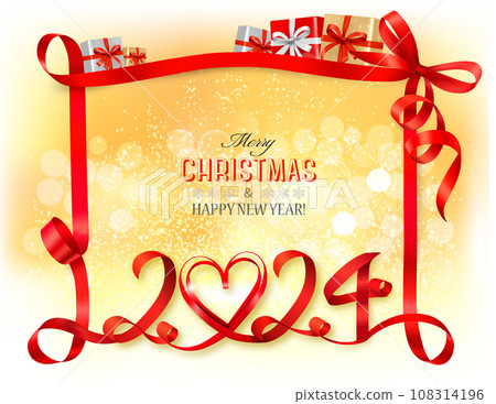 Merry Christmas and Happy New Year background with numbers 2024 made from red ribbon. Vector. 108314196
