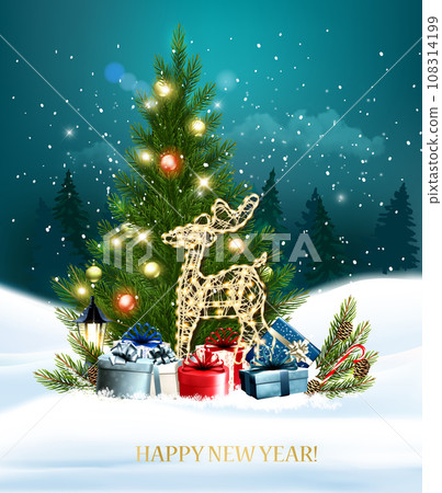 Christmas and Happy New Year background with a colorful gift boxes, glowing deer and Christmas tree. Vector. 108314199