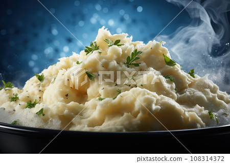 Holiday mashed Potatoes in bowl with fresh herbs, rustic wooden background 108314372