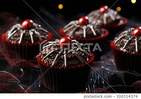 Chocolate spider cupcakes sweets for Halloween party. Festive holiday food 108314374