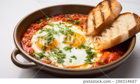 Homemade spicy shakshuka with eggs close up 108314687