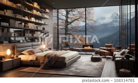 Generative ai illustration of Wonderful Minimalist bedroom with large windows 108314701