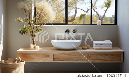 Generative ai illustration of white sink standing on a wooden vanity 108314744
