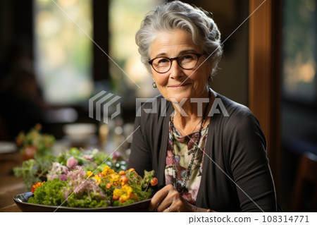 Generative ai illustration of old woman in a retirement home 108314771