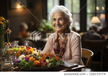 Generative ai illustration of old woman in a retirement home 108314774