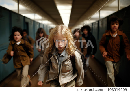 In a school corridor, a distressing scene unfolds as a group of children relentlessly chase another student. The ringleader, a Caucasian boy with long hair, leads the pursuit. The image vividly 108314909
