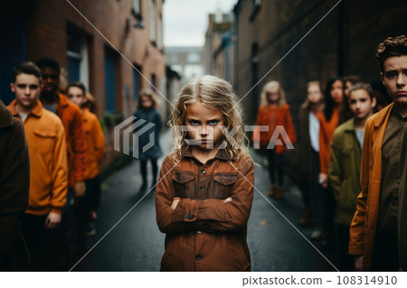 A distressing scene unfolds outdoors as angry kids gather in a narrow street, their faces contorted with negative emotions, directing their hostile gaze toward the camera, illustrating the issue of 108314910