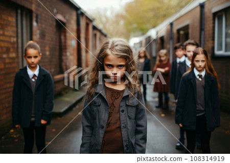 A distressing scene unfolds outdoors as angry kids gather in a narrow street, their faces contorted with negative emotions, directing their hostile gaze toward the camera, illustrating the issue of A distressing scene unfolds outdoors as angry kids gather in a narrow street, their faces contorted with negative emotions, directing their hostile gaze toward the camera, illustrating the issue of 108314919