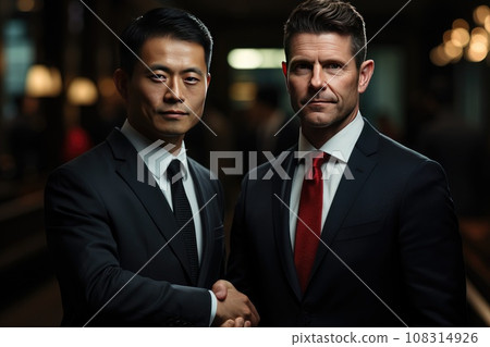 A European or American businessman shakes hands with a Chinese counterpart in a professional indoor setting. Their confident handshake signifies a successful business deal and international A European or American businessman shakes hands with a Chinese counterpart in a professional indoor setting. Their confident handshake signifies a successful business deal and international 108314926