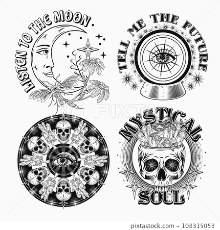 Set of labels with magic crystal ball, moon, human skull, text. Surreal, mystic, occult concept. For clothing, apparel, T-shirts, surface decoration. Vintage style illustration on white background Set of labels with magic crystal ball, moon, human skull, text. Surreal, mystic, occult concept. For clothing, apparel, T-shirts, surface decoration. Vintage style illustration on white background 108315053