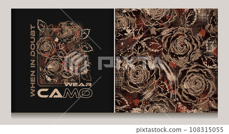 Brown camouflage label, pattern with roses, splattered paint, paint brush strokes, leaves, halftone shapes, text Wear Camo. Grunge texture. For sport goods, textile design. Not AI 108315055