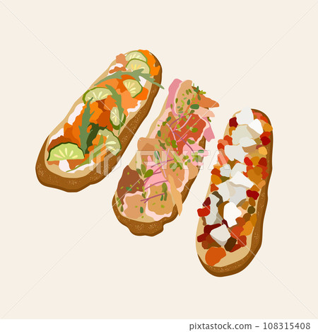Bruschetta. Traditional italian dish. Vector isolated illustration. 108315408