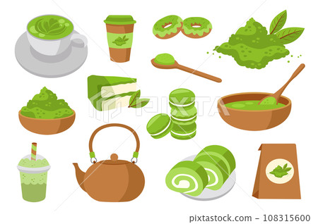 Matcha tea mega set in flat cartoon design. Bundle elements of green powder, latte in mug, paper cup, teapot, desserts, traditional bowl and spoon, other. Vector illustration isolated graphic objects 108315600