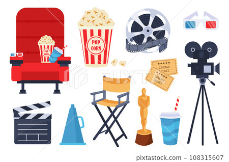 Cinema mega set in flat cartoon design. Bundle elements of red chair, popcorn cup, 3d glasses, reel with movie tape, video camera, clapperboard and other. Vector illustration isolated graphic objects 108315607