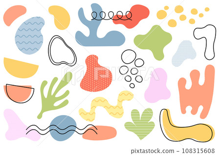 Abstract shapes and bubbles mega set in flat cartoon design. Bundle elements of colorful doodle wavy blobs, irregular decorative blobs with line borders. Vector illustration isolated graphic objects 108315608