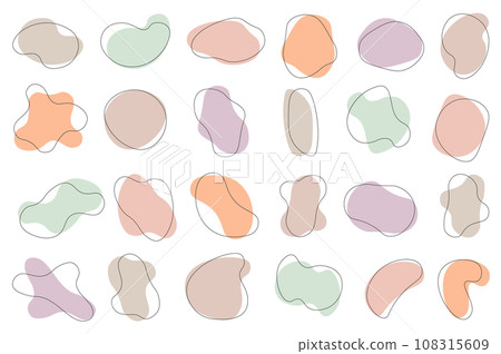 Abstract bubble shapes mega set in flat cartoon design. Bundle elements of wavy liquid templates, organic blobs or irregular round blots with line borders. Vector illustration isolated graphic objects 108315609