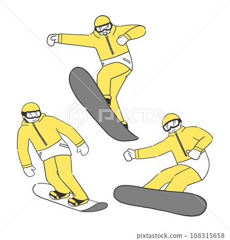 Illustration material set of a man sliding and jumping on a snowboard Illustration material set of a man sliding and jumping on a snowboard 108315658