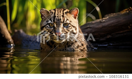 Fishing Cat, prionailurus viverrinus, Adult standing in Water 108316131