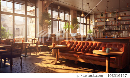 Cozy cafe interior with sofas and tables for quick lunch, angle view, panorama 108316137