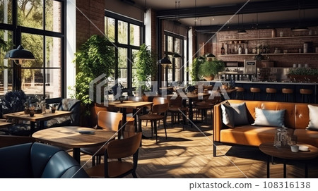 Cozy cafe interior with sofas and tables for quick lunch, angle view, panorama 108316138