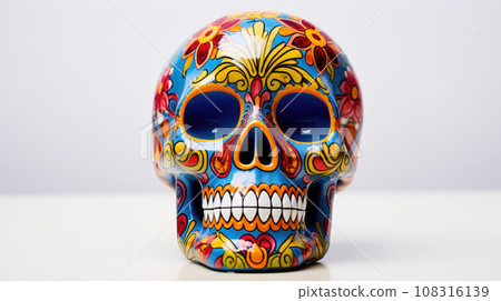 Beautiful and colorful Mexican skull isolated, made of ceramic, and painted by hand. White background. Traditional mexican skull for the Day of the Deads. 108316139