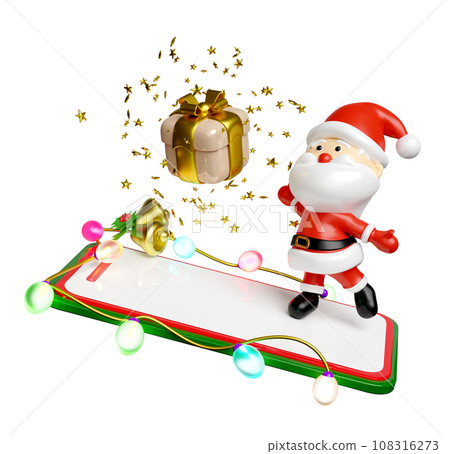 3d Santa claus with smartphone, Jingle bell, holly berry leaves, glass transparent lamp garlands, gift box, party banner. merry christmas and happy new year, online shopping, 3d render illustration 108316273