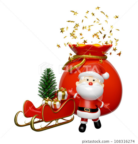 Santa claus with gift bag, sleigh, gift box, christmas tree. merry christmas and festive New Year, 3d render illustration Santa claus with gift bag, sleigh, gift box, christmas tree. merry christmas and festive New Year, 3d render illustration 108316274