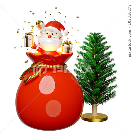 Santa claus with gift bag, gift box, christmas tree. merry christmas and festive New Year, 3d render illustration 108316275