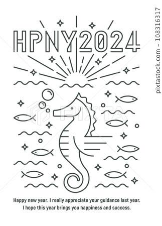 2024 New Year's card for the Year of the Dragon, depicting a seahorse in a simple black and white monoline style 108316317