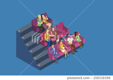 3D Isometric Flat Vector Illustration of People Watching Movie 3D Isometric Flat Vector Illustration of People Watching Movie 108316398