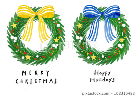 一個簡單而時尚的聖誕花環，帶有大藍色和黃色條紋絲帶 - 水彩觸感 108316488