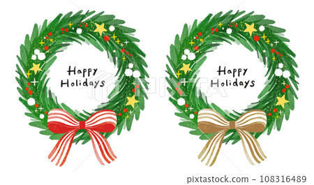 簡單時尚的聖誕花環，帶有大金色和紅色條紋絲帶 - 水彩觸感 108316489