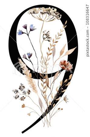 Black number 9 with brown autumn watercolor wildflowers and leaves, isolated illustration 108316647