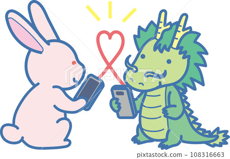 New Year's card end sticker_Rabbit and dragon communicating via smartphone_From the Year of the Rabbit to the Year of the Dragon 108316663