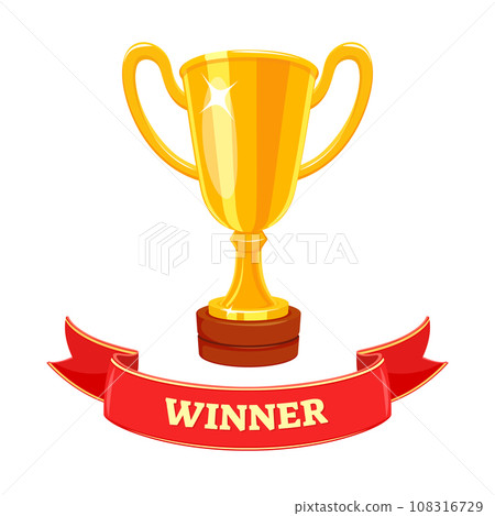Golden winner cup with red ribbon. Champion s Award. First place prize Golden winner cup with red ribbon. Champion s Award. First place prize 108316729
