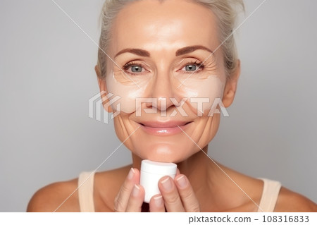 Close-up of middle-aged Caucasian woman touching her face to apply moisturizer. Smiling face of adult brunette lady with daily cream, facial cosmetics. Skin care. Grey background, copy space. Close-up of middle-aged Caucasian woman touching her face to apply moisturizer. Smiling face of adult brunette lady with daily cream, facial cosmetics. Skin care. Grey background, copy space. 108316833