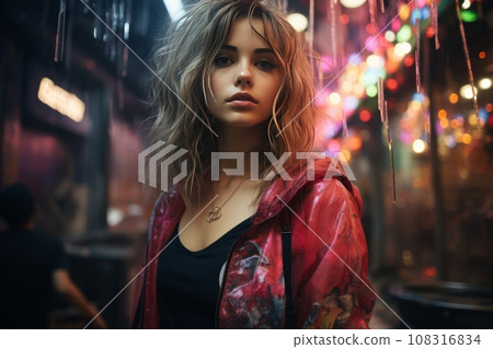 Portrait of young beautiful girl in bright stylish clothes against night city lights background. Sexy girl posing on night city street. Teen girl in a night city. Youth nightlife and urban atmosphere. 108316834