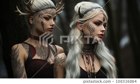 Beautiful young long-haired girls with tattoos wearing fantasy costumes and deer antlers. Characters of Scandinavian cult and pagan rituals, charming witches in mysterious forest. Halloween concept. 108316864