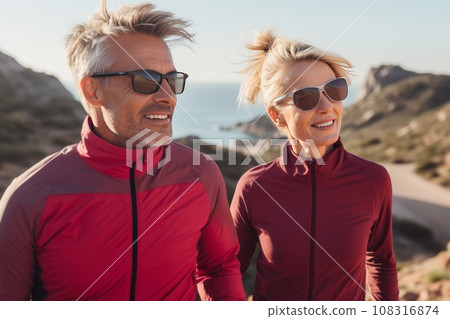 Athletic adult couple jogging along the street of modern city. Mature slender Caucasian man and woman in sports outfit having fun and smiling while running. Active lifestyle in urban environment. 108316874