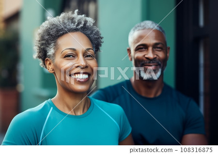 Mature African American couple in sports outfits looking at camera with energetic cheerful smile. Happy loving man and woman jogging or exercising outdoors. Healthy lifestyle in urban environment. Mature African American couple in sports outfits looking at camera with energetic cheerful smile. Happy loving man and woman jogging or exercising outdoors. Healthy lifestyle in urban environment. 108316875