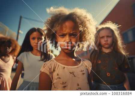 Multiethnic group of schoolchildren with their leader looking at camera with an angry and frustrated expression. Kids are upset and intending to stand up for their rights. Diversity and communication. Multiethnic group of schoolchildren with their leader looking at camera with an angry and frustrated expression. Kids are upset and intending to stand up for their rights. Diversity and communication. 108316884