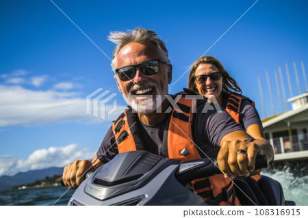 Happy smiling elderly Caucasian couple in life vests riding jet ski on a lake or along sea coast. Active senior people having fun on water scooter. Healthy lifestyle for retired persons. 108316915