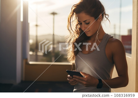 Young athletic Hispanic woman in sportswear with smartphone while training outdoor. Slender swarthy girl resting after jogging or workout in city street. Active lifestyle in urban environment. Young athletic Hispanic woman in sportswear with smartphone while training outdoor. Slender swarthy girl resting after jogging or workout in city street. Active lifestyle in urban environment. 108316959