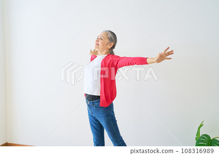 Senior woman doing light stretching indoors 108316989