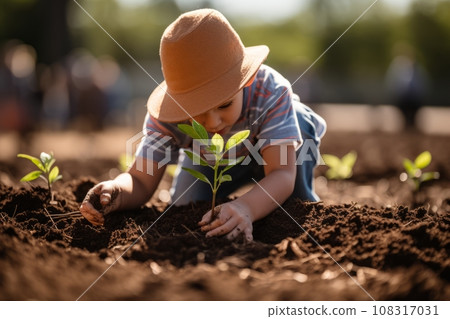 Beautiful little Caucasian boy bends over tiny green sprout in the garden. Adorable child plants a plant in the ground. Fostering a love of nature and concern for environment from childhood. Beautiful little Caucasian boy bends over tiny green sprout in the garden. Adorable child plants a plant in the ground. Fostering a love of nature and concern for environment from childhood. 108317031