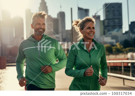 Athletic adult couple jogging along the street of modern city. Mature slender Caucasian man and woman in sports outfit having fun and smiling while running. Active lifestyle in urban environment. 108317034