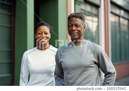 Mature African American couple in sports outfits looking at camera with energetic cheerful smile. Happy loving man and woman jogging or exercising outdoors. Healthy lifestyle in urban environment. 108317042