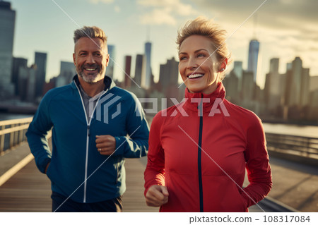 Athletic adult couple jogging along the street of modern city. Mature slender Caucasian man and woman in sports outfit having fun and smiling while running. Active lifestyle in urban environment. Athletic adult couple jogging along the street of modern city. Mature slender Caucasian man and woman in sports outfit having fun and smiling while running. Active lifestyle in urban environment. 108317084