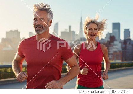 Athletic adult couple jogging along the street of modern city. Mature slender Caucasian man and woman in sports outfit having fun and smiling while running. Active lifestyle in urban environment. Athletic adult couple jogging along the street of modern city. Mature slender Caucasian man and woman in sports outfit having fun and smiling while running. Active lifestyle in urban environment. 108317101